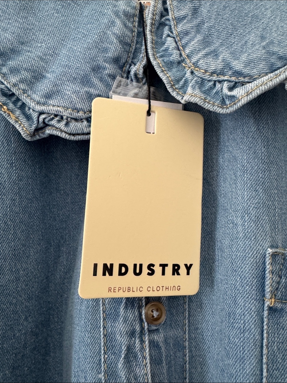NWT! ✨ INDUSTRY Light Blue Denim Button-Down Shirt with Ruffle Collar - Picture 2 of 5